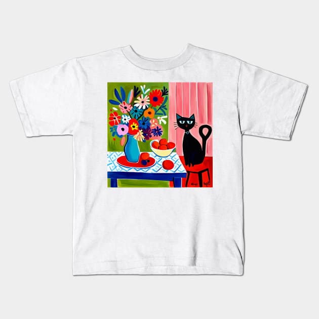 Black Cat with Still Life Flowers in a Blue Vase Still Life Painting Kids T-Shirt by bragova